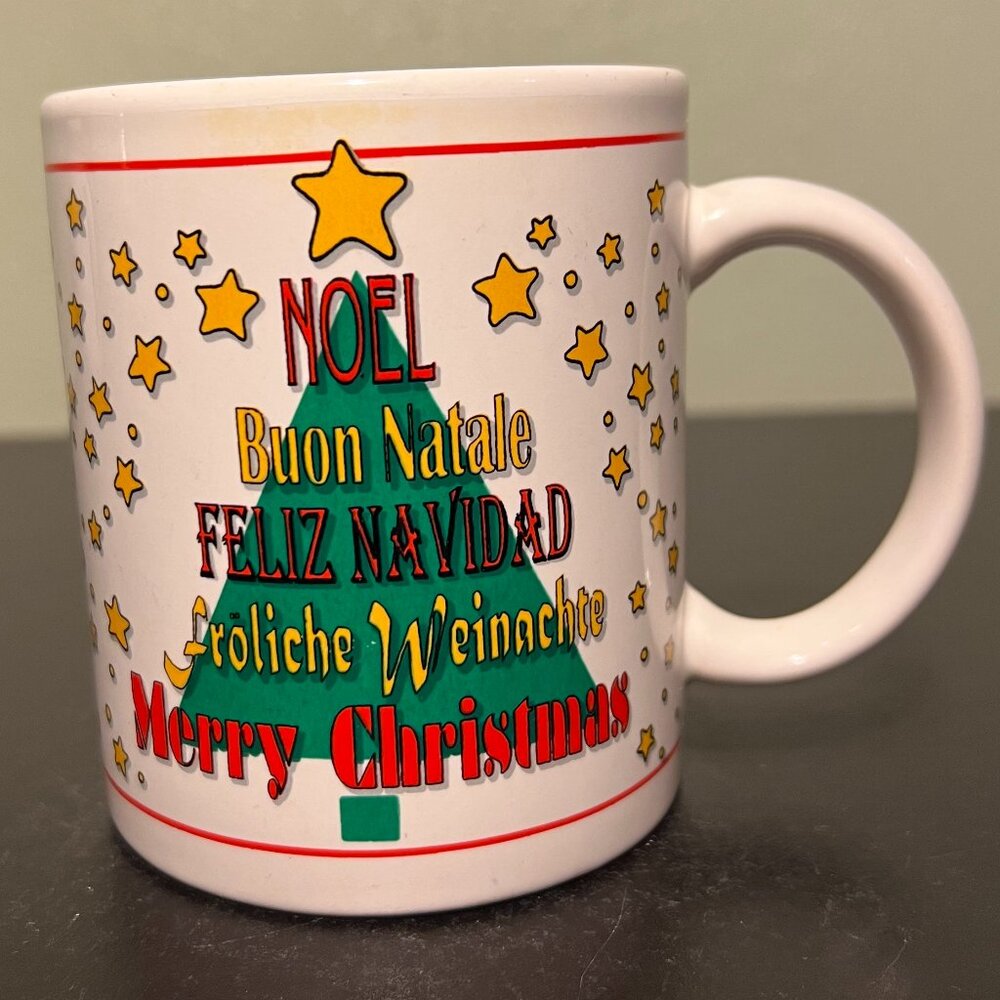 Vtg "Merry Christmas" Around the World Multilingual Holiday Tree Ceramic Mug